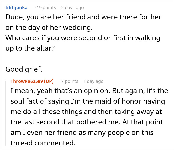 Friendship and maid of honor duties debated after wedding day