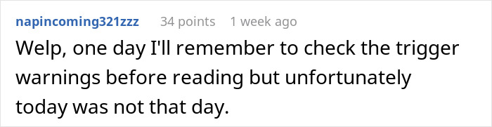 Comment mentioning trigger warnings before reading sensitive content