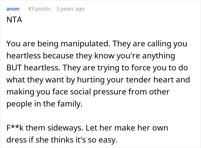 Comment about manipulation and social pressure over wedding dress