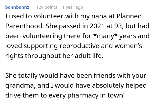 Comment praising nana volunteering at Planned Parenthood supporting women's rights Comment praising nana volunteering at Planned Parenthood supporting women's rights