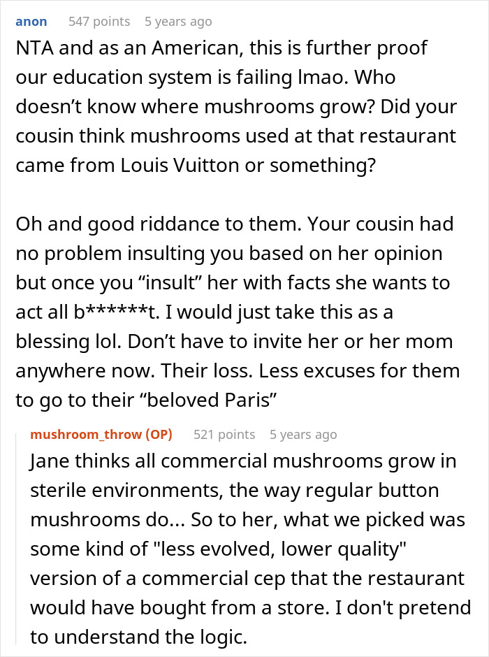 Reddit comment about cousin's misunderstanding of mushrooms and family insult dispute Reddit comment about cousin's misunderstanding of mushrooms and family insult dispute