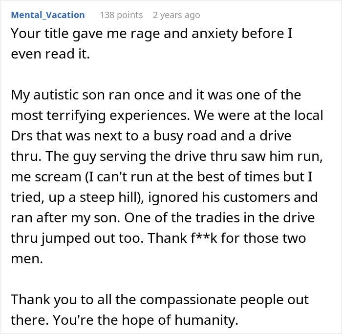 Comment describing terrifying experience of autistic son running near busy road