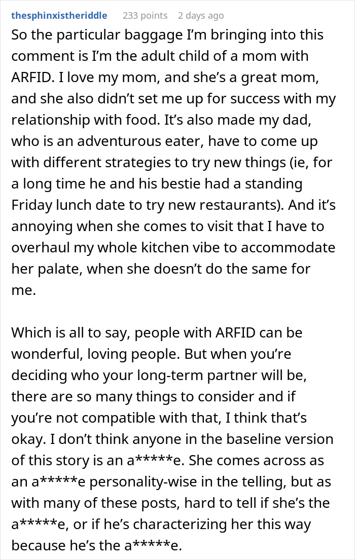 A detailed Reddit comment about a picky eater girlfriend and the impact of ARFID on a relationship. A detailed Reddit comment about a picky eater girlfriend and the impact of ARFID on a relationship.