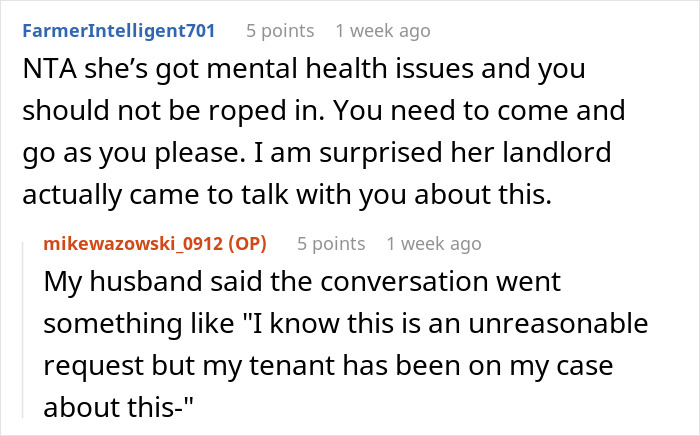 A Reddit thread comment about a landlord talking to a guy about his anxious neighbor's car complaints. A Reddit thread comment about a landlord talking to a guy about his anxious neighbor's car complaints.