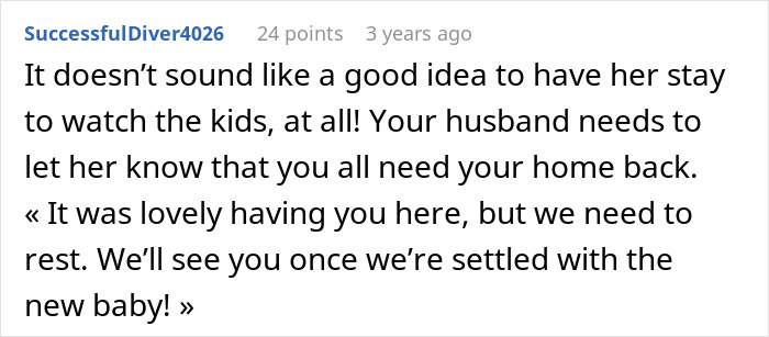 A user comment suggests the husband tell his mother-in-law to leave as the pregnant woman has contractions.