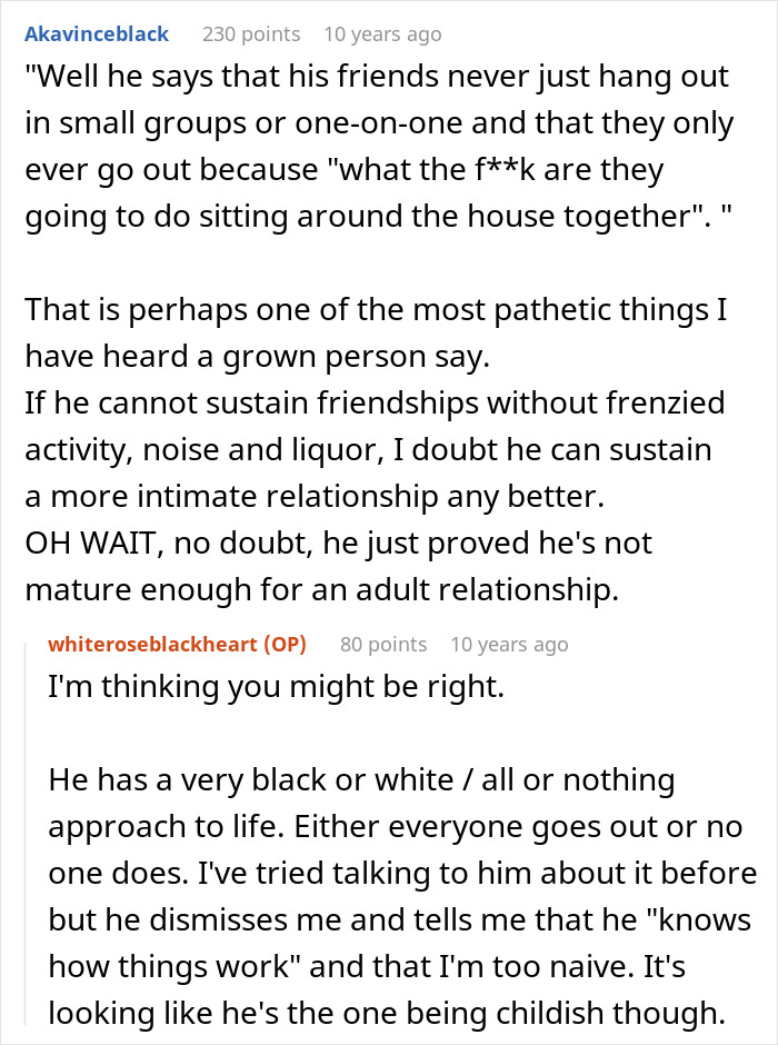 Screenshot of Reddit comments discussing an introverted GF who went to a bar crawl for her boyfriend's birthday. Screenshot of Reddit comments discussing an introverted GF who went to a bar crawl for her boyfriend's birthday.