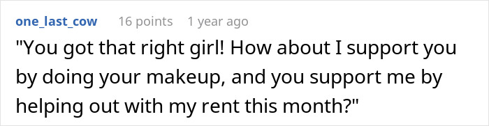 Comment exchanging support ideas among guests about makeup and rent help