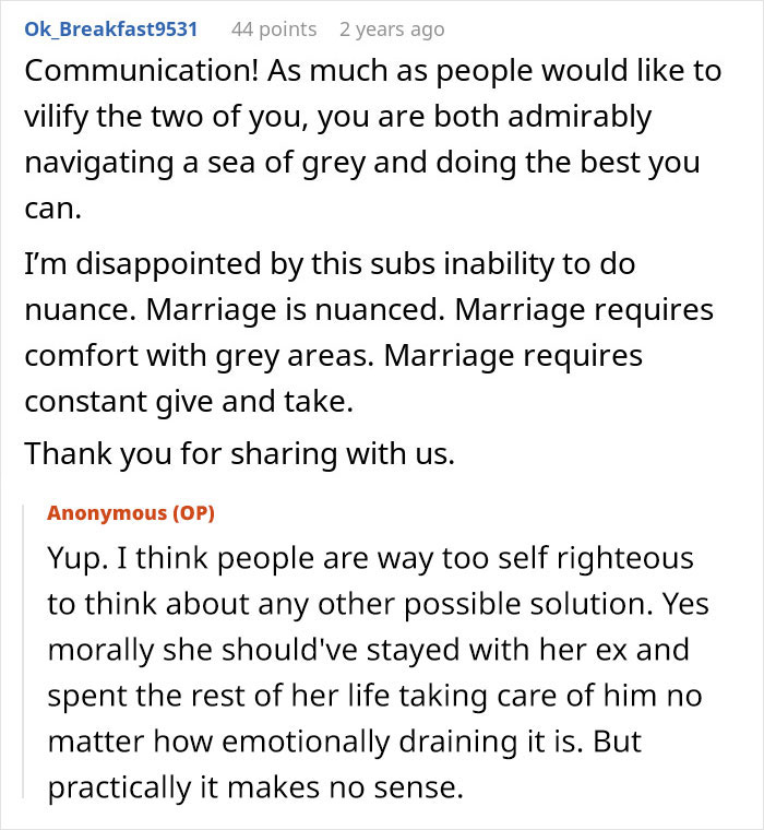 An ex-wife's dedication to her husband post-accident, despite their marriage ending, and community feedback.