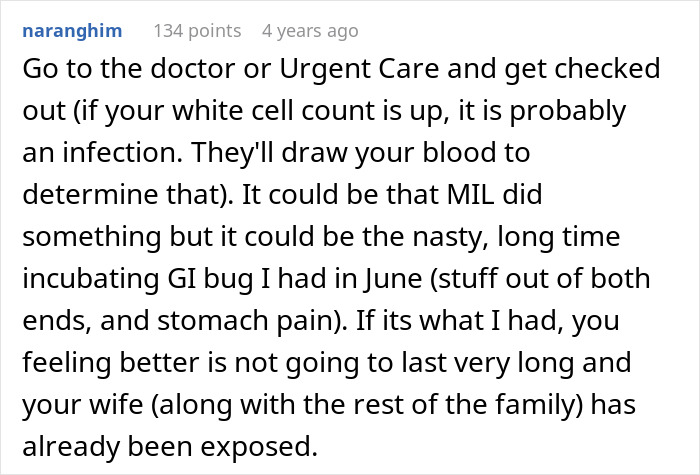 A Reddit comment suggesting checking for infection if someone gets violently sick after a MIL's birthday dinner.