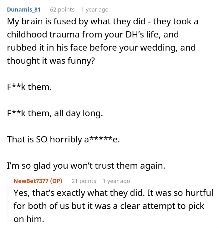 Commenter expresses shock and disgust at MIL turning the rehearsal dinner into a spectacle by bringing up childhood trauma. Commenter expresses shock and disgust at MIL turning the rehearsal dinner into a spectacle by bringing up childhood trauma.