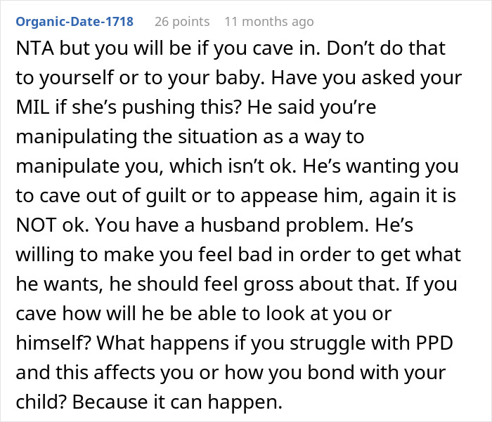A Reddit comment advising a wife not to cave to her husband's manipulation to honor his mom, highlighting a husband problem.