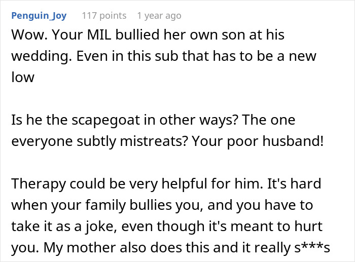 Screenshot of Reddit comments about a mother-in-law creating a spectacle at a rehearsal dinner, upsetting the bride. Screenshot of Reddit comments about a mother-in-law creating a spectacle at a rehearsal dinner, upsetting the bride.