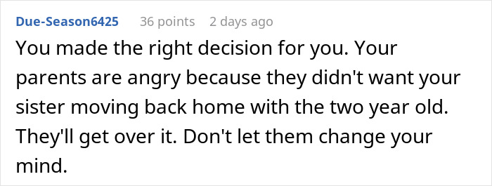 Comment affirming right decision to not take sister in despite parents' anger