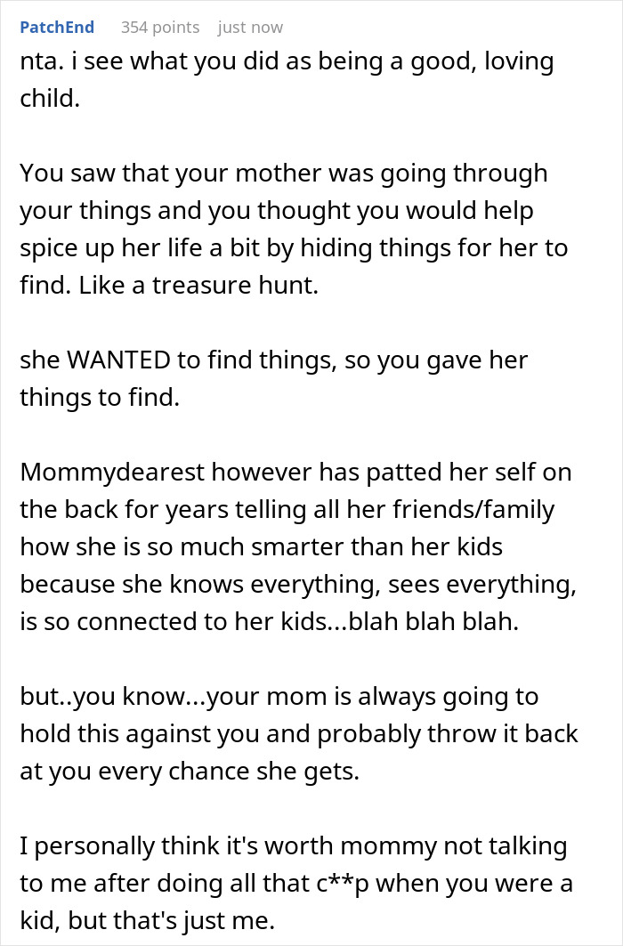 A comment on a teen's playful response to a religious mom's snooping, making her mad after being snubbed.