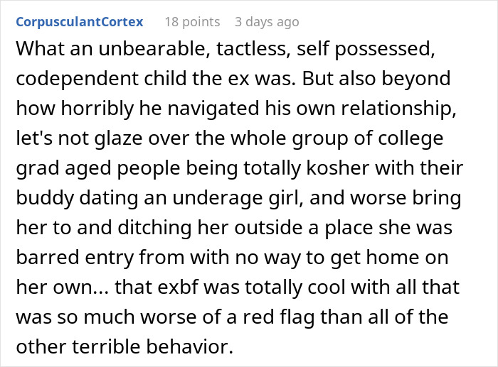 A comment describing an unbearable ex and his friends' behavior during a bar crawl with an introverted girlfriend. A comment describing an unbearable ex and his friends' behavior during a bar crawl with an introverted girlfriend.