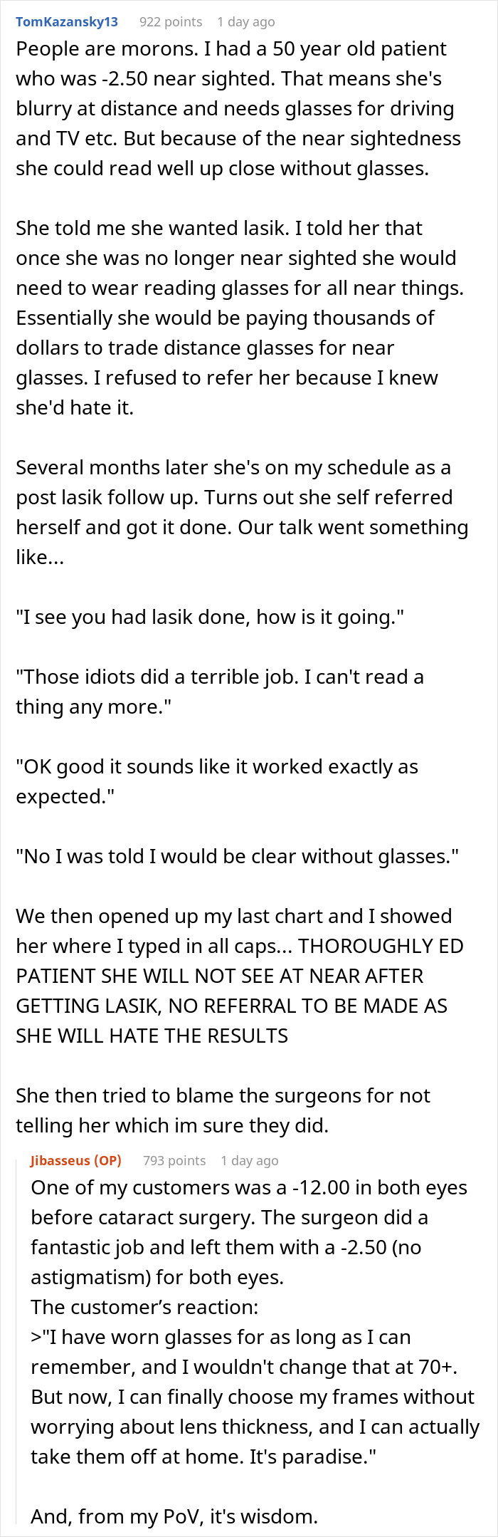 Screen capture of discussion about patient experience with lasik and glasses