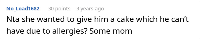 Comment noting MIL wanted to give allergic son a cake he cannot eat
