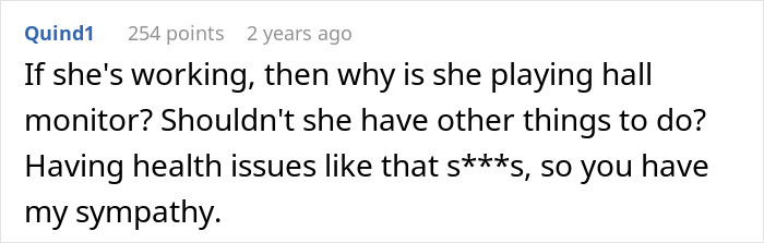 A Reddit comment expressing sympathy for the coworker with health issues, questioning why the Ableist Karen is acting as a hall monitor.