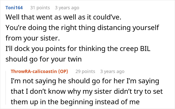 Screenshot of an online comment discussion about distancing from sister and creepy brother-in-law Screenshot of an online comment discussion about distancing from sister and creepy brother-in-law