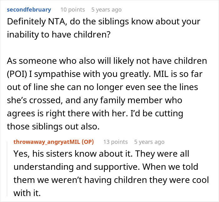 Reddit comment sympathizing over couple's inability to have children with MIL crossing boundaries