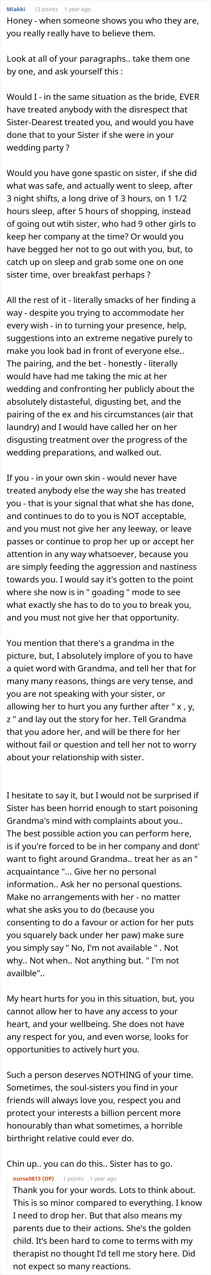 Lengthy Reddit advice comment on toxic sister behavior in wedding prep situation Lengthy Reddit advice comment on toxic sister behavior in wedding prep situation