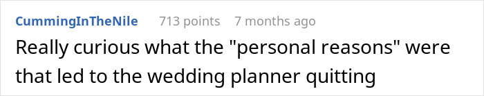 Comment curious about personal reasons behind wedding planner quitting