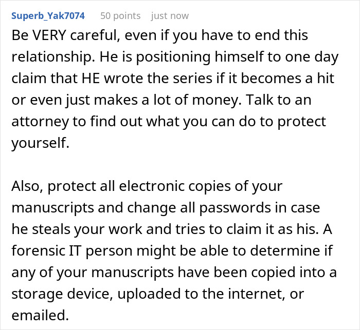 A screenshot of a Reddit comment advising the author GF to protect her book and copyright from her boyfriend.