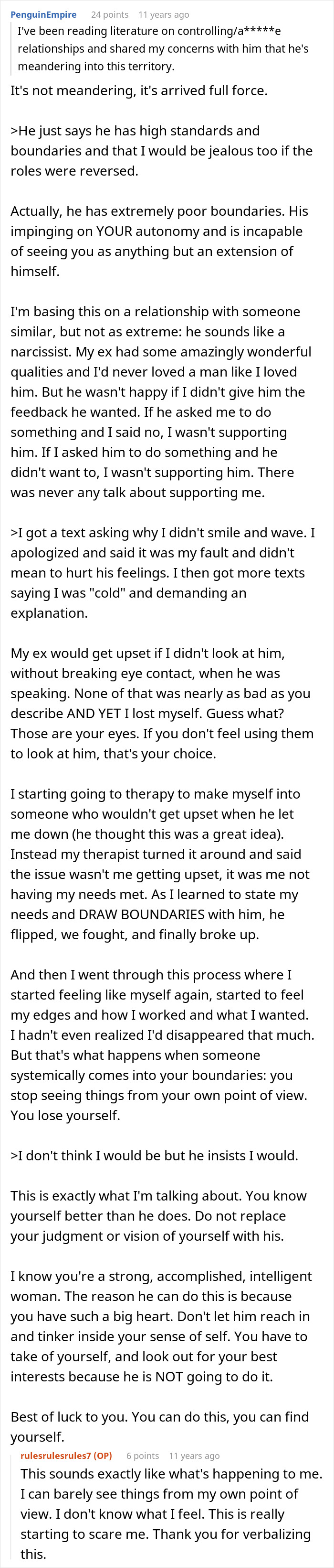Screenshot of another Reddit post detailing experiences with a toxic guy, boundaries, and emotional manipulation.