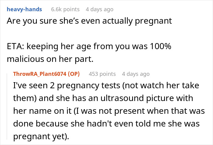 Comments discussing pregnancy doubts in fake birthday lie story