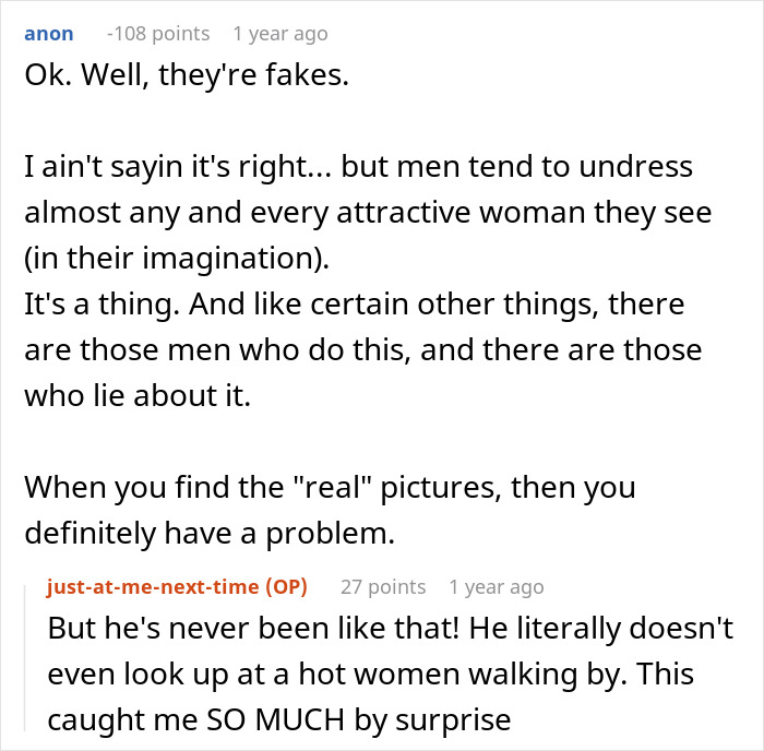 Reddit discussion about husband phone revealing generated photos and trust issues