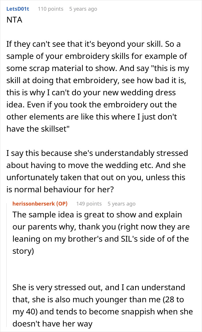 Reddit advice on showing embroidery skills sample to explain limits on wedding dress