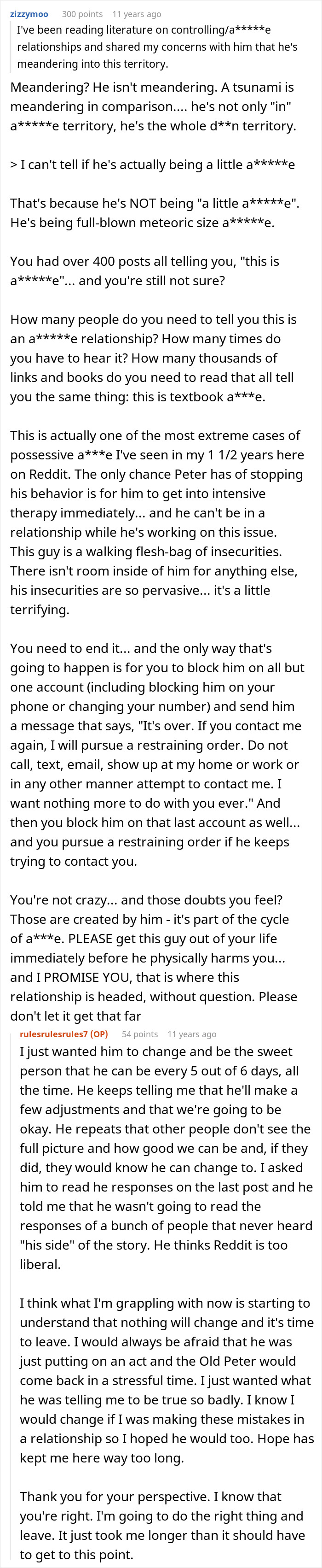 Screenshot of a Reddit post with multiple comments discussing a toxic guy, jealousy, and controlling relationship rules.