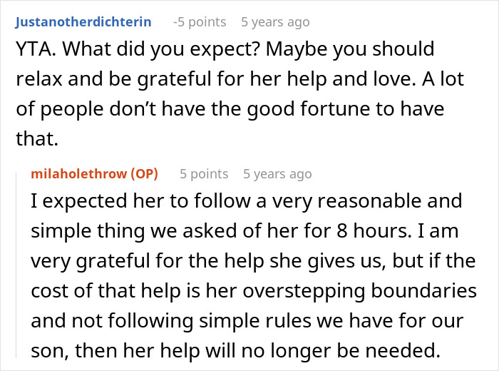User arguing about MIL overstepping boundaries in babysitting situation