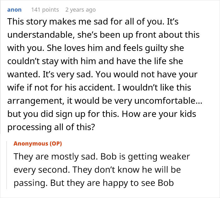 A screenshot showing a comment about a husband's accident and an ex-wife refusing to leave his side.