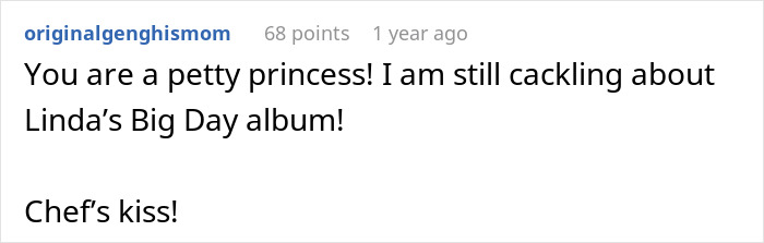A comment about a mother-in-law at a son's wedding, calling the bride a petty princess for handling the MIL in white.