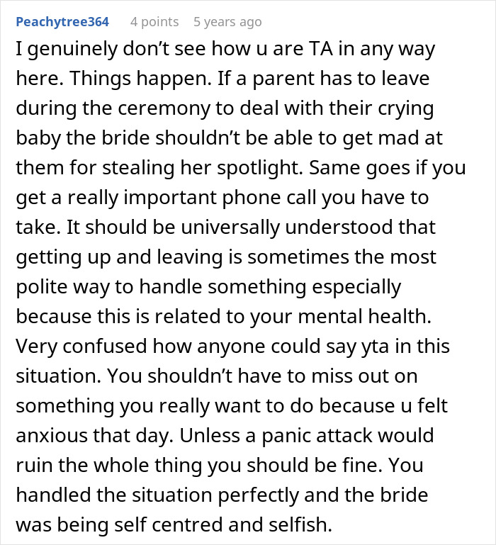 Comment defending handling of panic attack and criticizing bride's reaction Comment defending handling of panic attack and criticizing bride's reaction