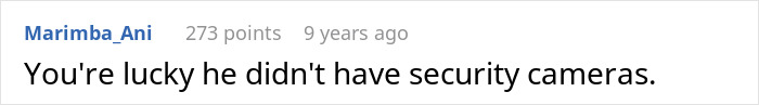 Screenshot of a comment from Marimba_Ani: You're lucky he didn't have security cameras, related to neighbor's revenge.