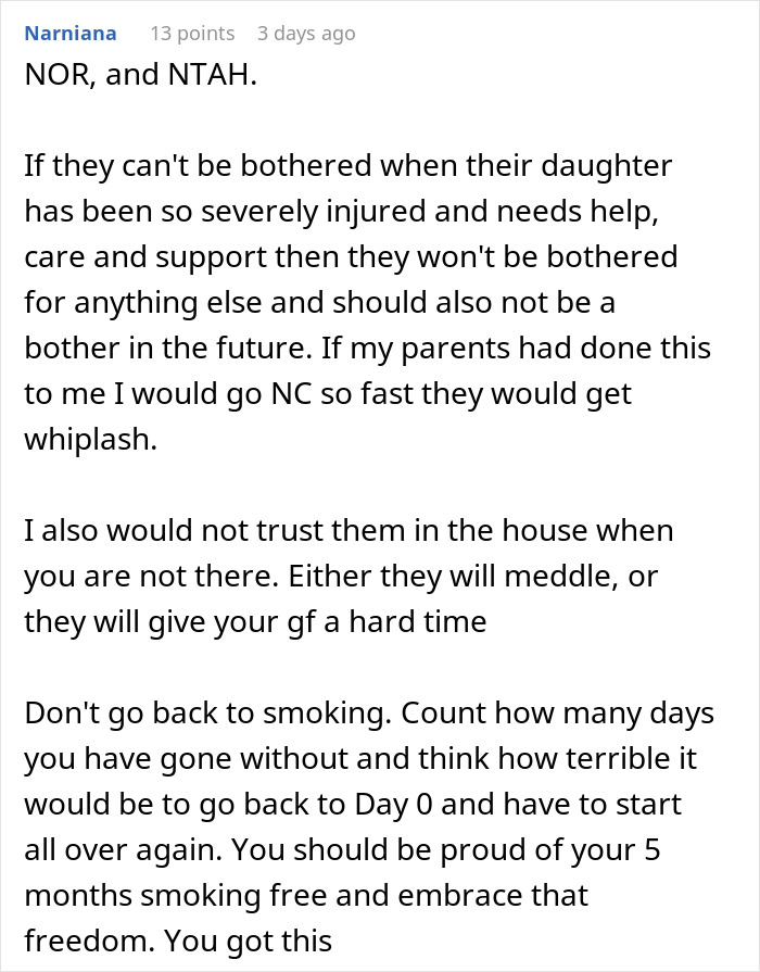 Comment discussing neglectful parents and advice on trust and smoking relapse
