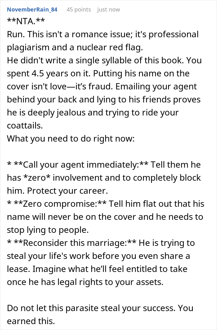 A screenshot of a Reddit comment calling out the boyfriend's audacity for claiming he co-wrote the book.
