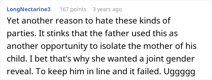Comment criticizing gender reveal parties and father isolating the mother Comment criticizing gender reveal parties and father isolating the mother
