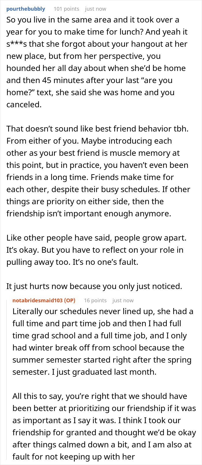 A screenshot of a Reddit comment section with a user named pourthebubbly discussing a friendship ending after not being a bridesmaid.