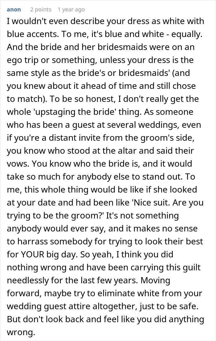 Screenshot of an anonymous comment about wedding guest attire and avoiding white, emphasizing proper wedding attire. Screenshot of an anonymous comment about wedding guest attire and avoiding white, emphasizing proper wedding attire.