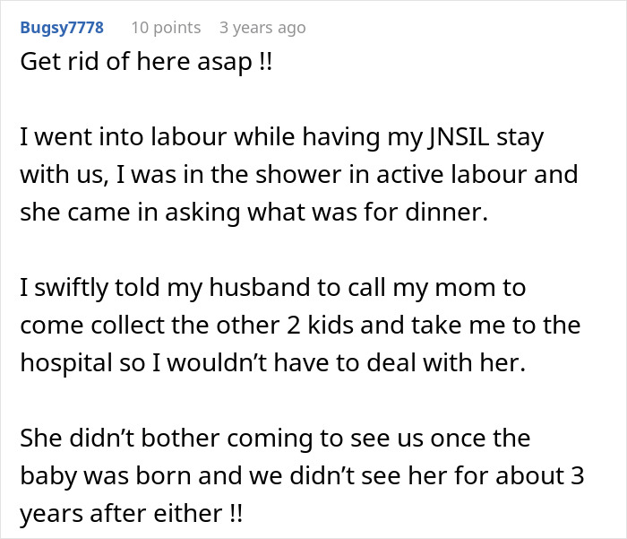 A pregnant woman describes contractions while her MIL refuses to leave, causing family stress.