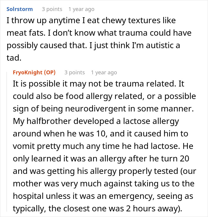 A comment section discussing a kid's food issue, potentially a food allergy or neurodivergence.