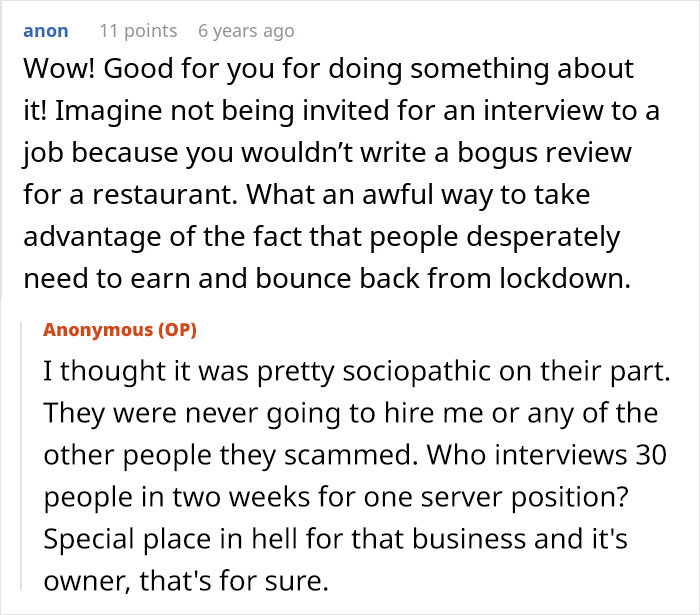 A Reddit comment expresses outrage over a restaurant scam that exploited potential employees for bogus reviews.