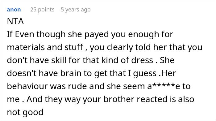 Comment saying woman lacks skill for elaborate wedding dress and SIL was rude