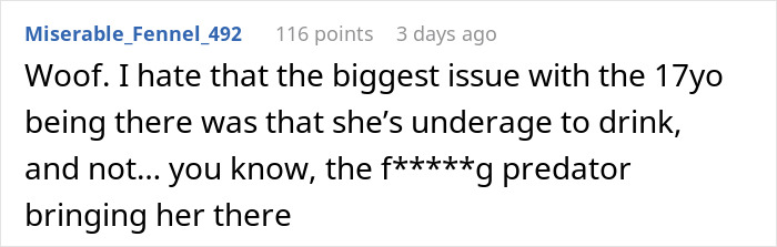 A comment highlighting the issue of an underage person at a bar crawl, focusing on the predator, not just age. A comment highlighting the issue of an underage person at a bar crawl, focusing on the predator, not just age.