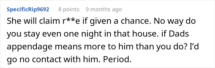 A screenshot showing a comment supporting the teen who ditched home after dad let GF move in with her creepy daughter.
