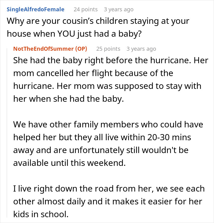 Pregnant woman starts having contractions, MIL refuses to leave; user explains why her cousin's children are at her house.