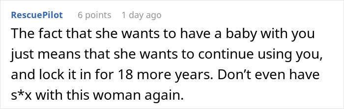 A Reddit comment advising against having a baby in an open marriage to avoid divorce, suggesting it is manipulative. A Reddit comment advising against having a baby in an open marriage to avoid divorce, suggesting it is manipulative.